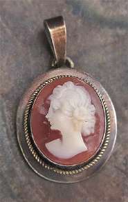 Great hand carved shell - Classic style woman from 1910th Petite unmarked Vermeil with patina Silver Pendant.