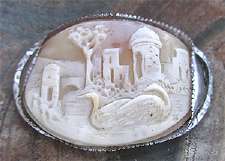 Romantic landscape view swans at the lake - hand carving shell Unmarked Silver brooch lost pin and clasp from 1910th.