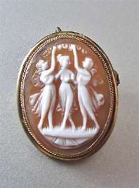 Tiny Hand Carved 3 Graces - Italian shell circa 1935. Gold washed 800 Silver Brooch/Pendant