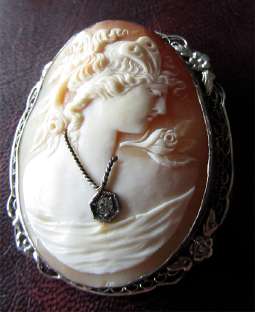 Detailed Art Deco (1915-1925) Antique Cameo 2” White Gold or Sterling Brooch w/Diamond (?)