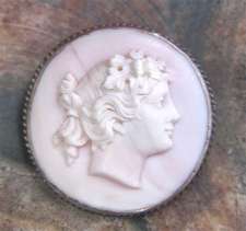 Museum Bacchante head - hand carving Coral stone 1890-1910 Unmarked Silver with patina brooch Victorian/Edwardian