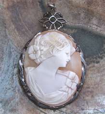 Vintage Ostby and Barton Carved Light Sardonyx Shell Signed. Filigree Sterling Silver Pendant from 1915-1925.
