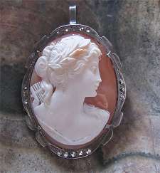 Amazing darkened 800 Silver Marcasite Cameo Brooch/Pendant Museum Quality hand carved Muse shell circa 1930-1945.