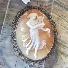 Quality carvings shell dancing with harp Muse, signed by Artist Silver Sterling with Gold filigree Brooch/Pendant circa 1925