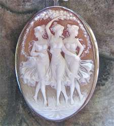 Museum Quality 3 Graces Amazingly Carved Detailing Circa 1935 Silver & Gold Big Cameo. Signed by the Carver