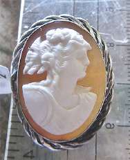Hand carved Carnelian shell from the 1915-1930 Unmarked twisted rope Silver brooch.