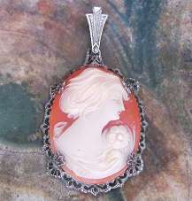 Superiorly carved Carnelian shell signed vintage. Filigree Silver Pendant from 1925-1935.