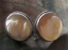 Hand carved little light sardonyx shells Vintage Earrings (clips) Unmarked Silver plated copper set. Circa 1925 -1935.