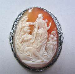 Quality carving & signed Shell - Muses at Olimp, Big Silver Sterling filigree Brooch circa 1925