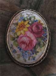 Superior hand painted from the 1930th Unmarked Silver Sterling brooch.