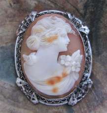 Collectable Carved Shell from 1915-1935. Filigree Silver Vintage Brooch.