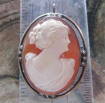 Greatly Carved Carnelian Shell Signed by the Artist. Silver Sterling/Gold Brooch from 1925-1935.