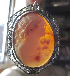 The Big Silver/Gold(?) Filigree Cameo Pendant Circa 1915-1935 Museum Quality hand carved & signed shell (stable, with crack)