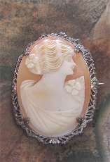 Hand carved Light shell cameo Silver filigree brooch circa 1920.