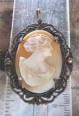 Hand carved Edwardian shell circa 1910-1920 Silver Sterling filigree with marcasite pendant