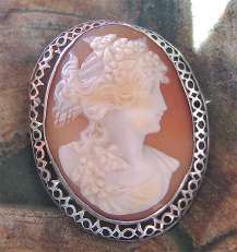 Art Nouveau Museum Quality Silver Filigree Brooch Circa 1895-1915 Bacchante priestess - Hand carved & signed Edwardian shell