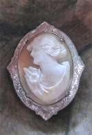 Hand carved & signed Post Edwardian shell Silver plated & etched brooch circa 1920