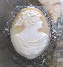 Hexagonal hand carved light shell circa 1915-1930 Big Filigree Blackened Silver Brooch