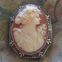 Greatly Carved/Signed Post Edwardian Carnelian shell. Filigree 1920th Antique/Vintage Silver Brooch.
