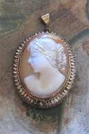 Hand carved/signed shell - Post Edwardian profile Great Gold washed Silver Pendant circa 1930