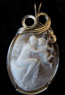 Fabulous Artist-Signed Sea Shell Cameo- Sterling bezel from Italy Venus and Cupid. Museum Quality.