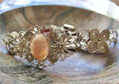 Hand carved shell and two rose citrin(?) stone circa 1950th Unmarked Silver or Silver plated Filigree Bracelet