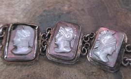 WWI times 9 hand carved Art Deco in 7”Antique Mother Pearl Antique warriors Silver bracelet