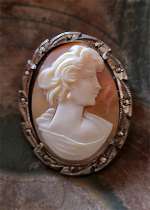 Hand Carved Gold Sardonyx shell circa 1940th 800 Silver with marcasite pendant/brooch.