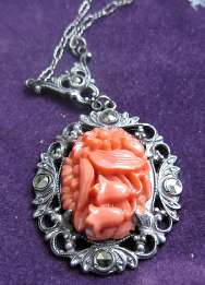 Filigree Marquisettes Framed Silver Sterling Hand Carved Red Coral Art Deco Pendent with 16”chain. Circa 1920