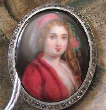 Museum Quality 1820-1850 porcelain hand painting girl Unmarked 800 Silver(?) Brooch w/rhinestones(?) circa 1910th