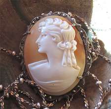 (L) Great hand carved/signed shell beauty profile Circa 1930. 800 marked Silver marcasite pendant/brooch with the chain.