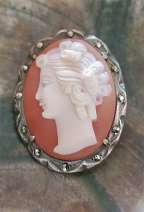 (L) Hand Carved/Signed shell circa 1920th-1940th Hallmarked Silver marcasite pendant/brooch.