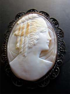Art Deco Light Carnelian Shell Cameo Silver Brooch Filigree Bezel circa 1920.