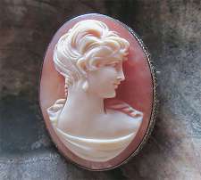 Marked marcasite 800 Silver/Gold with patina Brooch/Pendant Quality hand carved & signed Dark Carnelian shell.