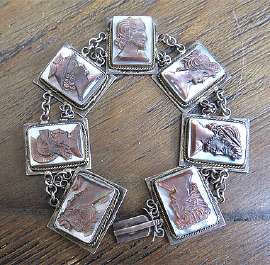 Dark on Light Mother Pearl carving, circa 1960th 800 marked Silver 7”Bracelet. Roman God’s