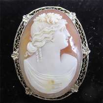 Hand carved/signed Conch shell - girl from 1910th - 1920th Big Unmarked filigree White Gold(?)/Silver(?) Brooch