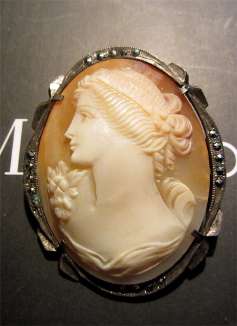 Art Deco Carnelian Shell Cameo Classic 800 Silver Brooch/pendant Marquisette Bezel circa 1925.