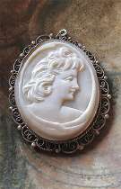 Circa 1940th lady - well hand carved light shell. Silver/Gold Vermeil w/patina Pendant.