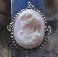 Post Edwardian Museum Quality 800 Silver 1920th Pendant. High relief hand carved/signed Rose/White Coral Stone