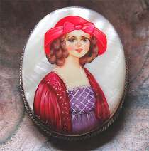 Quality Mother pearl hand painting & signed by Artist circa 2020 Unmarked Silver(?) Brooch portrait of Polina Smolskaya