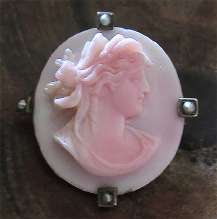 Beautiful Ceres Goddess hand carved Angel Skin Italian Silver brooch with pearls circa 1910.