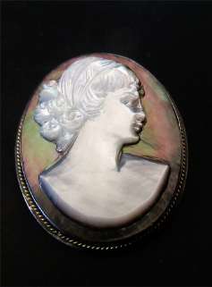 Quality rear Italian Mother Pearl Cameo Silver Sterling Brooch & Pendant Classic Gold Rope Bezel circa 1920
