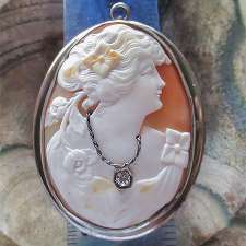 Huge Museum Quality Edwardian carved shell circa 1910th Silver Brooch/Pendant with European Diamond