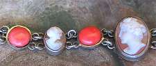 12 Great Carved Shells & Red Coral circa 1910th Unmarked Silver/Gold (vermeil) 8-1/2”Bracelet.