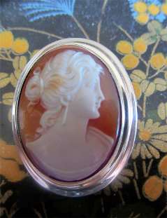 Edwardian High Relief Carnelian Shell Cameo Silver Marked “Sterling” & “BIRKS” Brooch Bezel