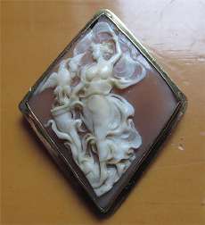 Hebe Goddess of Youth & Eagle Zeus- great carved shell circa 1910 Unmarked Silver Vermeil (Sterling) Diamond shape Brooch