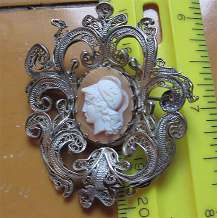 Greatly hand carved shell Athena Goddess of War & Wisdom Big marcasite Filigree decor Silver Brooch from 1910th.