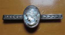 Hand carved Mother Pearl Athena Goddess of War & Wisdom. Marked 925 Sterling Silver Antique Tie Clasp circa 1910th.