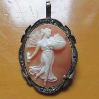 Circa 1940th Art Deco Goddess of Soul Psycho dancing with basket Hand carved shell in the marcasite silver Brooch/Pendant