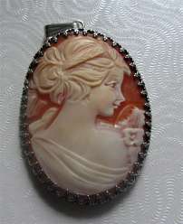 Pretty Girl - Italian Carnelian Shell Cameo Huge Sterling Silver Pendant. Signed by Artist